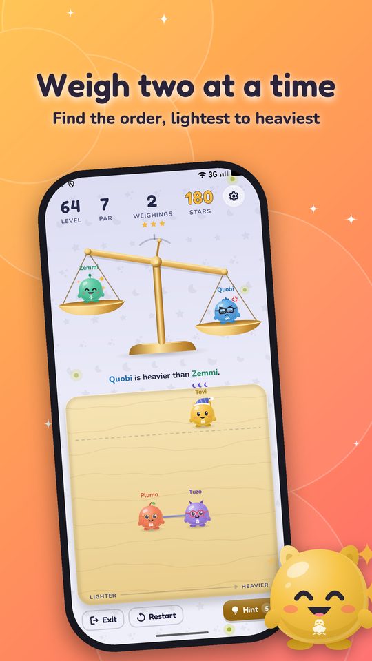 A level in Blind Scale: two cute creatures on a brass balance scale; the text says Quobi is heavier than Zemmi, and the table below shows what is known so far.